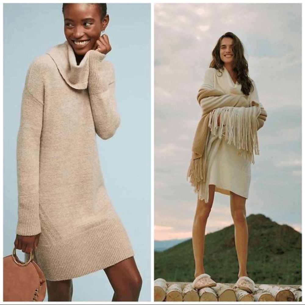 Anthropologie Sonoran Cowl Neck‎ Sweater Dress in Taupe/Cream